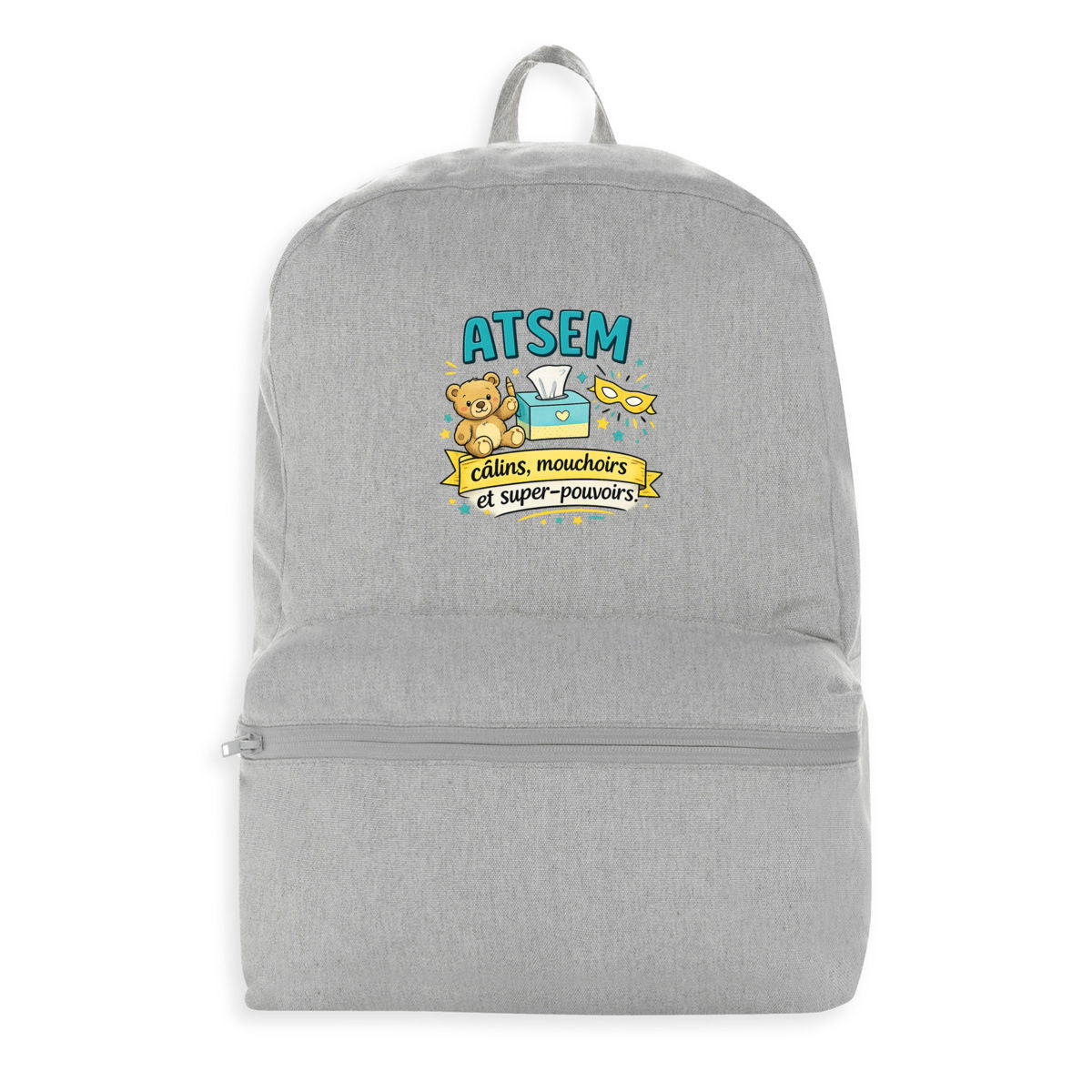 Sac à dos ATSEM – Câlins, Mouchoirs et Super-pouvoirs – Cadeau Assistante Maternelle École - face_0