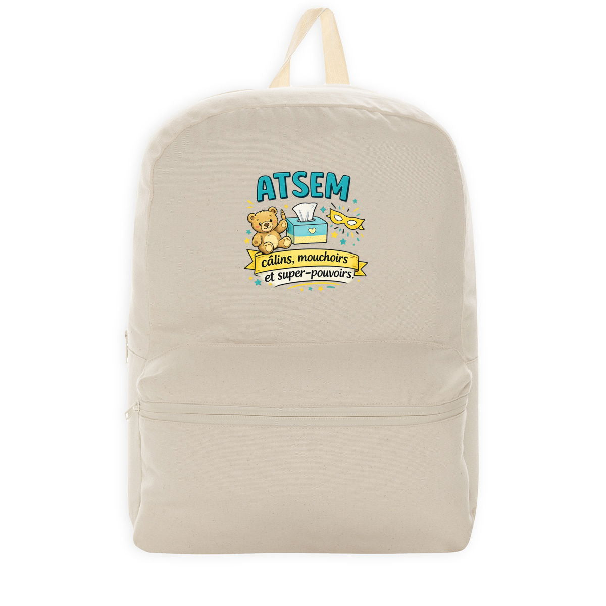 Sac à dos ATSEM – Câlins, Mouchoirs et Super-pouvoirs – Cadeau Assistante Maternelle École - face_2