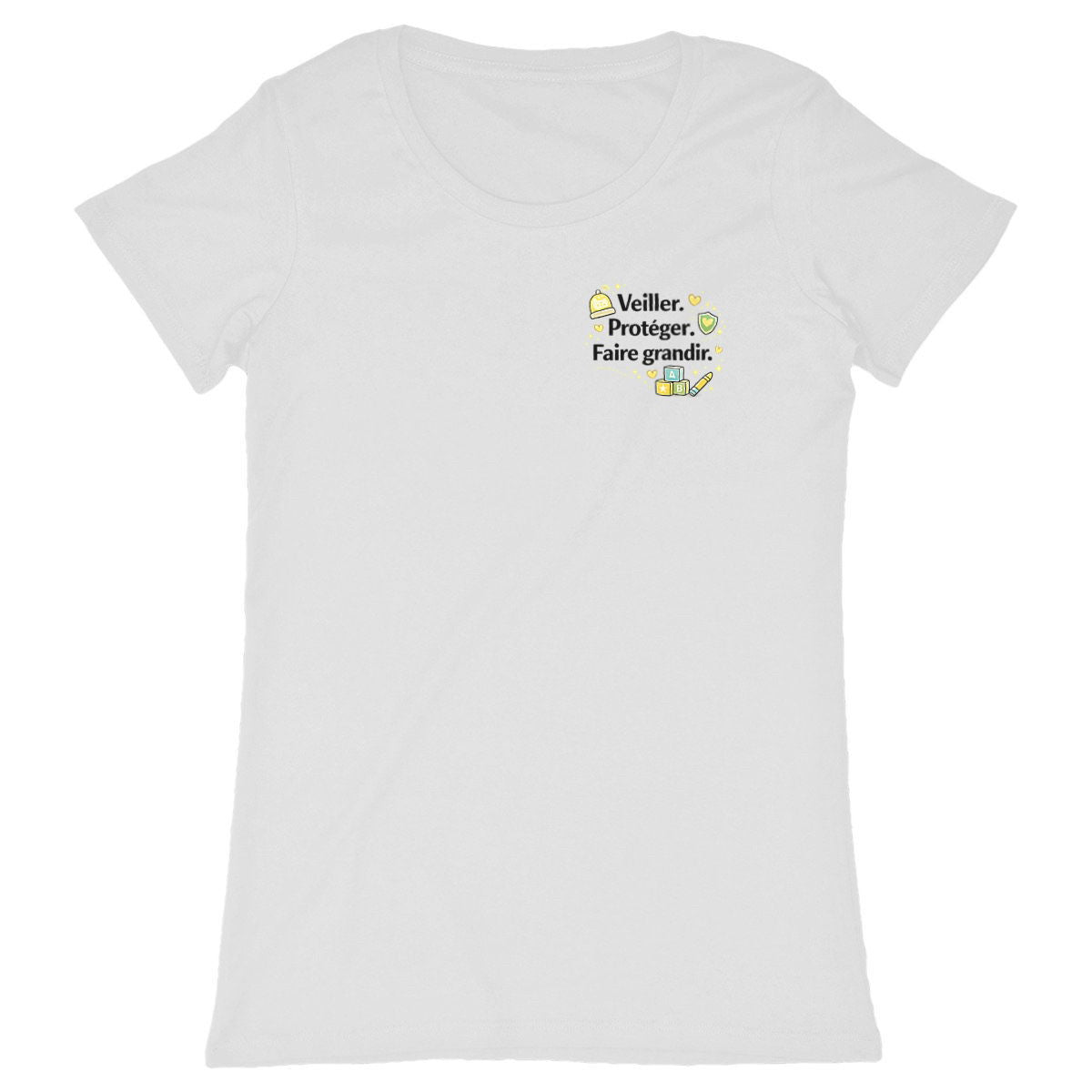 T-shirt Assistante Maternelle – Elle veille, elle protège, elle fait grandir - face_blanc