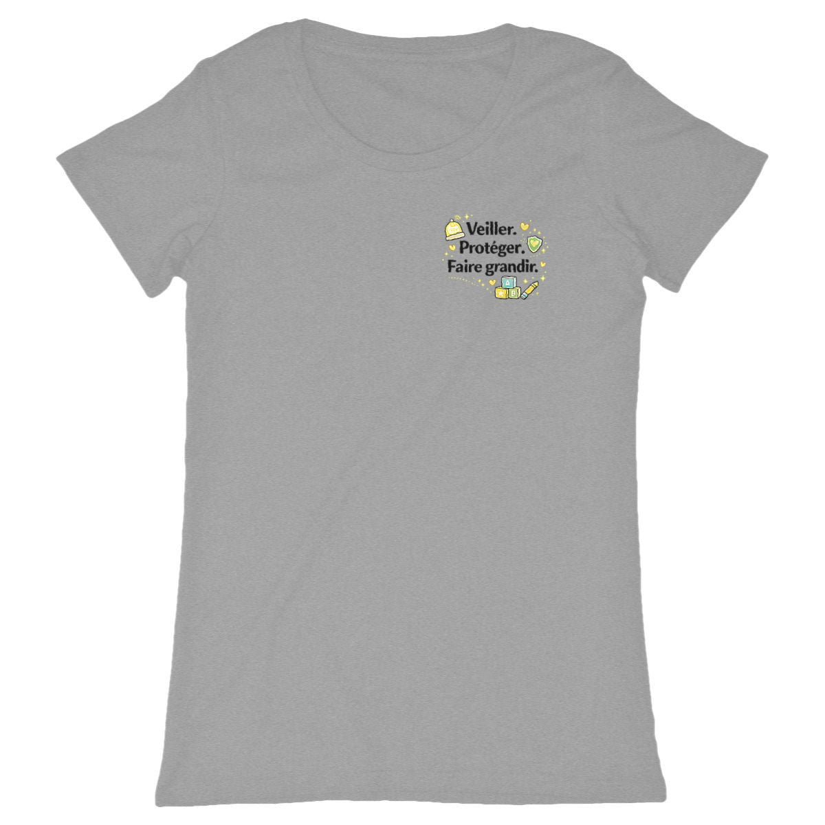 T-shirt Assistante Maternelle – Elle veille, elle protège, elle fait grandir - face_gris