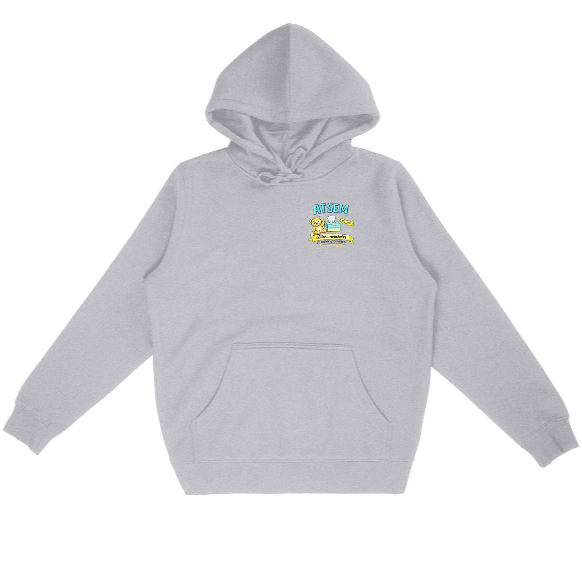 Hoodie ATSEM – Câlins, Mouchoirs et Super-Pouvoirs - face_gris